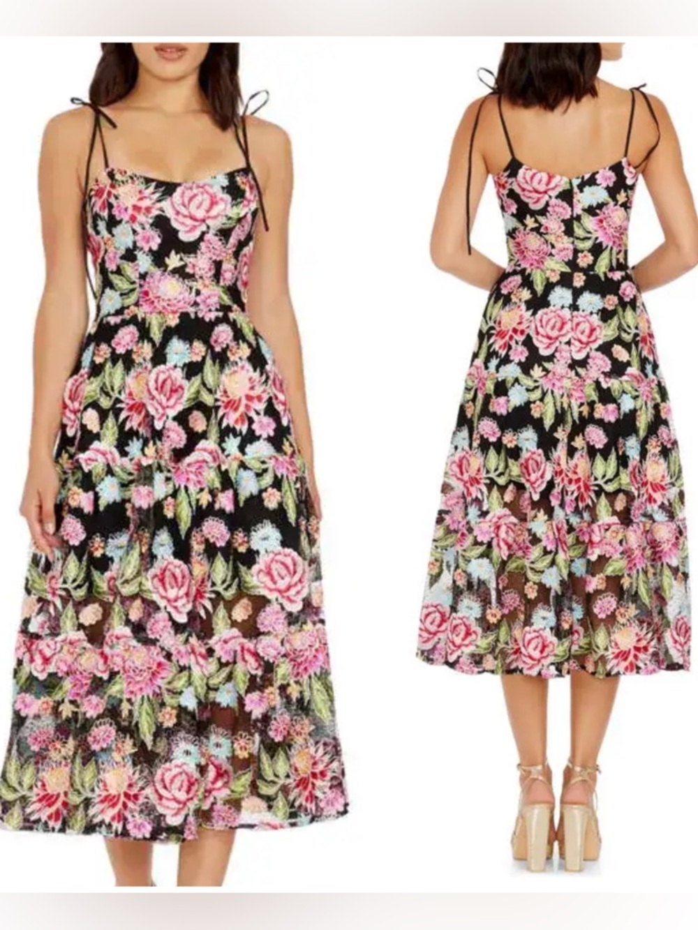 Dress the Population Black Floral Tie-Strap Embroidered Lace Midi Dress NWT $348